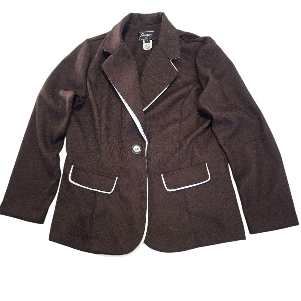 Sweet Suit Blazer Womens 16 Brown‎ White Piping Herringbone Knit Dark Academia